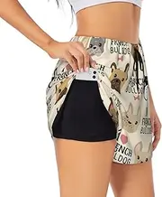 [WURTON] I Love French Bulldog Print Exercise Gym Workout Shorts Women's Athletic Shorts Dual-Layered Yoga Running Shorts