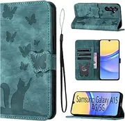 [LSPCASA] Flip Case for Samsung Galaxy A15 PU Leather Material Samsung Galaxy A15 Case with Card Slots Cats Butterfly Pattern Samsung A15 Mobile Phone Case Green