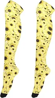 [Caihoyu] Women'S Knee-High Silk Stockings Casual Fashion Leg Warmers for Fashionistas Thigh Highs Socks for Special Occasions Yellow and Black Flowers Floral, Multicolor, One Size