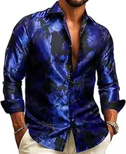 [Barry.Wang] Mens Shirt Shiny Business Stretch Button Long Sleeved Dress Shirt Night Club Disco Party Casual Work Office for Men Shirts