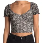 Abound | Puff Sleeve Mesh Crop Ivory Mini Moo Black Top