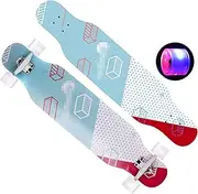Sports Longboard Skateboard, 42.5" 8-Layer A-Level Maple Wood Four-Wheel Flashing Double-Sided Blue Sky Light Pattern Brush Street Dance Step Board Suitable for Adult Men Women