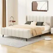 ALFORDSON Bed Frame Double Size Tufted Headboard Base Beige Fabric HUNDOLF