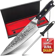 MOSFiATA Damascus Knife 8 Inch Chef's Knife Damask Kitchen Knife Damascus Steel Japanese Knife Sharp Chef Knife Professional Meat Knife with Finger Guard Knife Sharpener, as a Gift