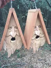 2 Hand Carved Wood Spirit Old Man Face Cedar Birdhouses