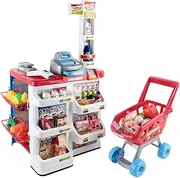 Keezi Kids Pretend Play Set, 24pcs Supermarket Playset Shopping Trolley Cash Register Toy Battery for Friends Family with Lighting and Sound Features, Children Cubby House Toys Outdoor Plays Red White