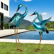Crane Statue Blue Heron Metal Birds Yard Art Backyard Pond Patio Porch Decor 2pc