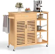 Giantex Kitchen Island Cart on Wheels, Portable Storage Cabinet w/Sturdy Bamboo Frame, Large Drawer, 3-Tier Open Shelf, Towel Rack, Rolling Serving Utility Cart for Dining Room, Living Room, Bar