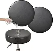 Bar Stool Covers Round Set of 2, Waterproof PU Seat Covers with Elastic Bands, Chair Covers Washable Cushion Slipcover for 12-15 Inch - Black
