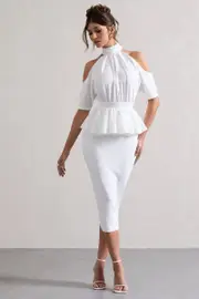 Yves | White High-Neck Cut-Out Midi Dress With Peplum Waist
