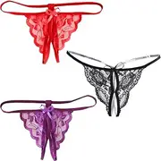[XYTAHDM] Pack of 3 Thong Women's Sexy Panties Open Briefs Lace Underwear Lingerie with Open Crotch Briefs Panty Hipster Soft Flowers Hole Underwear