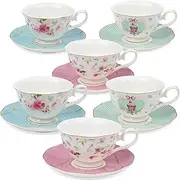[fanquare] Rose Tea Cup and Saucer Set for 6, British Tea Cups Set for Gift, Multi-Color Flowers Porcelain Tea Service