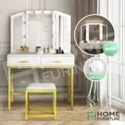 Corner Dressing Table With Mirror Stool Set LED Light Makeup Vanity Desk White