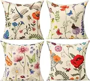 All Smiles Bench Pillows Outdoor Patio Cushion Garden Spring Flowers Throw Pillow Cases Summer Farmhouse Home Decor Linen Cushion Covers 18" X 18" Set of 4 for Sofa,Butterfly Dragonfly Ladybug.