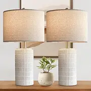 Clora Tall Bedside Lamp, Set of 2 Table Lamp, 3 Color Temperatures, Farmhouse Nightstand Light with Beige Lampshade for Living Room Bedroom Office Home Decor (Beige and White - 56cm Ceramic Lamp)