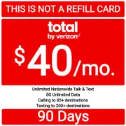 Total Wireless Prepaid $40 Base 5G Unlt'd Talk,Text,Data 5GB Hotspt Plan-90 Days
