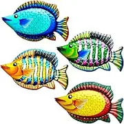 HHgrowe 11.8 Inches Hand-Painted Metal Fish Art Wall Decor Coastal Ocean Sea Hanging Decorations Garden Pool Decor Set of 4 Colorful Outdoor or Indoor Wall Sculptures …