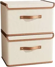 [Tuza] 2 Pack Storage Bins with Lids, Collapsible Closet Organizer Container, Fabric Organizer Box with Handles, Decorative Storage Boxes with Lids for Organizing Clothes, Books, File, White, Large
