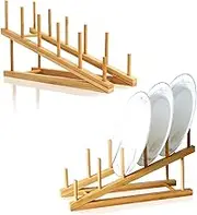 TIE-DailyNec 2 PCS Wooden Dish Rack Bamboo Drying Rack Stand Pot Lid Holder Kitchen Cabinet Organizer for Dish Plate Bowl Cup Pot Lid Cutting Board