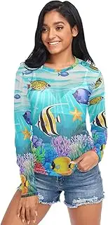 [RPLIFE] Sea Scene Fishes Starfish Long Sleeve Fishnet Top, Sexy Mesh Tops for Women S-XXL