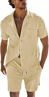 [HanzhuoLG] Men's Tracksuit Set Summer Solid Color Thin Corduroy Short Sleeve Shirt & Drawstring Shorts Two Piece Set Large Khaki
