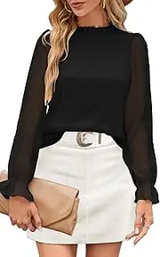 [Odosalii] Women's Blouse Ruffle Stand-Up Collar Tops Elegant Flounce Sleeve Shirt Casual Long Sleeve Blouses Shirt Tops