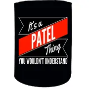 Alcohol Stubby Holder - Patel Thing Surname - Funny Novelty Birthday Gift Joke Beer Can Bottle