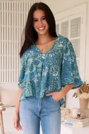 JAASE - Gabriella Top: Mandarin Collar Deep V Neck Crochet Trim Top in Serenade Print