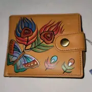 ANUSCHKA butterflies Peacock Feathers Hand Painted Bi-fold Wallet Coin Purse NWT