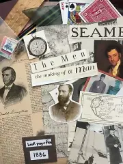 VINTAGE GENTLEMEN Lot book pages cutouts embellishments, 50+ items, junk journal