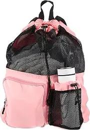 uxcell Swim Bag Mesh Drawstring Backpack, with Wet Pocket Swimming Pool Sports Backpack Beach Mesh Backpack for Swimming Gym and Workout Gear, Pink