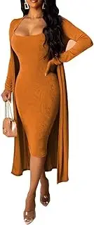 [acelyn] Women 2 Piece Outfits Velet Bodycon Dress + Long Sleeve Open Front Cardigan Set Cover Up Coat Evening