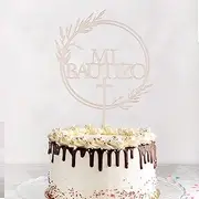 The top of Mi Bautizo cake features a cross design blessed by God, adorned with floral wreaths, decorations for first communion, baptism, religious cake, and photo booth props for baptism