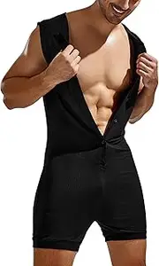[FEOYA] Men's Sleeveless Hooded Jumpsuit One-Piece Romper Stretchy Button Down Bodysuit Slim Fit Hoodie Vest Tank Top and Shorts Athletic Gym Workout Onesies M-2XL