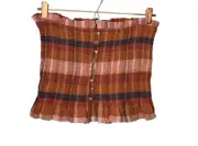 New American Eagle Medium M Orange Plaid Smocked Strapless Button Front Top