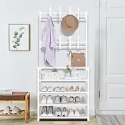 Coat and Shoe Rack,Entryway Coat Rack,Shoe Coat Rack Freestanding with 4-Tier Storage Shelves Coat Rack Stand for Bedroom,Hallway,Office,60CM/23.6 in (White)