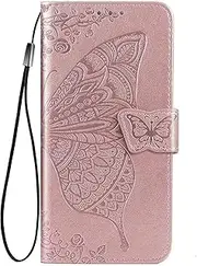 [WBWONE] Case for Oppo Reno 12F 5G / Oppo Reno 12FS 5G, Premium TPU/PU Leather Foldable Butterfly Embossed Protective Mobile Phone Case with Stand Function & Card Slots, Rose Gold