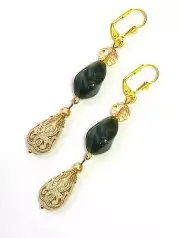 Gold Embossed Teardrop and Crystal Long Boho Dangle Earrings - Ivory and Emerald