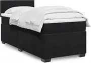 vidaXL Black Box Spring Bed with Mattress/Topper - Velvet King Single Bedstead for Bedroom - LED Ambience & Washable