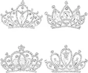 [Framendino] 4 Pack Princess Crown Comb Crystal Mini Tiara Hair Clips Silver Metal Head Bands Headdress Accessories for Women, 4 Pack, Crystal + Metal, No Gemstone