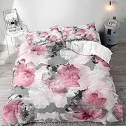 [LUVIVIHOME] 3PCS Grey Light Pink Floral Duvet Cover King Bedding Set, Watercolor Vintage Retro Rustic Farmhouse Boho Aesthetic Abstract Modern Blossom Peony Rose Flower Comforter Cover, 2 Pillow Cases