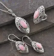 Bali Legacy 925 Silver Pink Opal, Rhodolite Ring, Earrings, Pendant Set, Sz 9