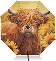 [XYMZR] UV Protection Travel Umbrella Highland Cow Sunflower Orange Compact for Rain and Sun - One-Click Automatic Open and Close UPF 50+ Windproof Portable 46” Sun Umbrella for Women Men