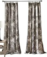Lush Decor Botanical Garden Curtains Floral Bird Print Light Filtering Window Panel Drapes Set for Living, Dining, Bedroom (Pair), Gray, 52" W x 95L