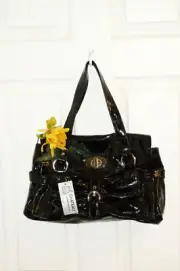 CHATEAU NWT Black Faux Patent Leather 2 Handle Tote Bag Silver Trim 8" X 14"