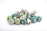 JGARTS 20 Aqua Blue Turquoise Green & White Cream Ceramic Pottery Door knobs Cabinet Handle Cupboard Pulls Drawer Puller knob