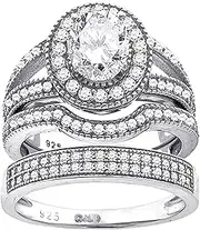 [JewelryWeb] 925 Sterling Silver His and Hers CZ Simulated Diamond Halo Trio Ring Set Band Style-Ring for Women