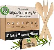 Ibambo Natural Bamboo Cutlery 100 Set (50 Forks, 25 Spoons, 25 Knives) - Compostable, Biodegradable, Sustainable Utensils – Eco Friendly Reusable Disposable Flatware for Camping, Picnic, BBQ, Parties
