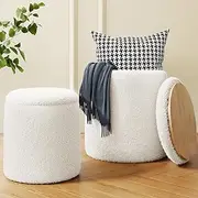 Round Boucle Ottoman with Storage Set of 2, White Ottoman Poufs for Living Room, Sherpa Storage Ottoman Stool, Cute Teddy Ottoman Foot Rest Stool, White Makeup Vanity Stool Chair, Small Coffee Table
