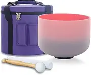 KVKA 432hz 10 Inch F Note Heart Chakra Rainbow Pink Purpl Quartz Frosted Crystal Singing Bowl with Carrying Case for Sound Healing Yoga Bath